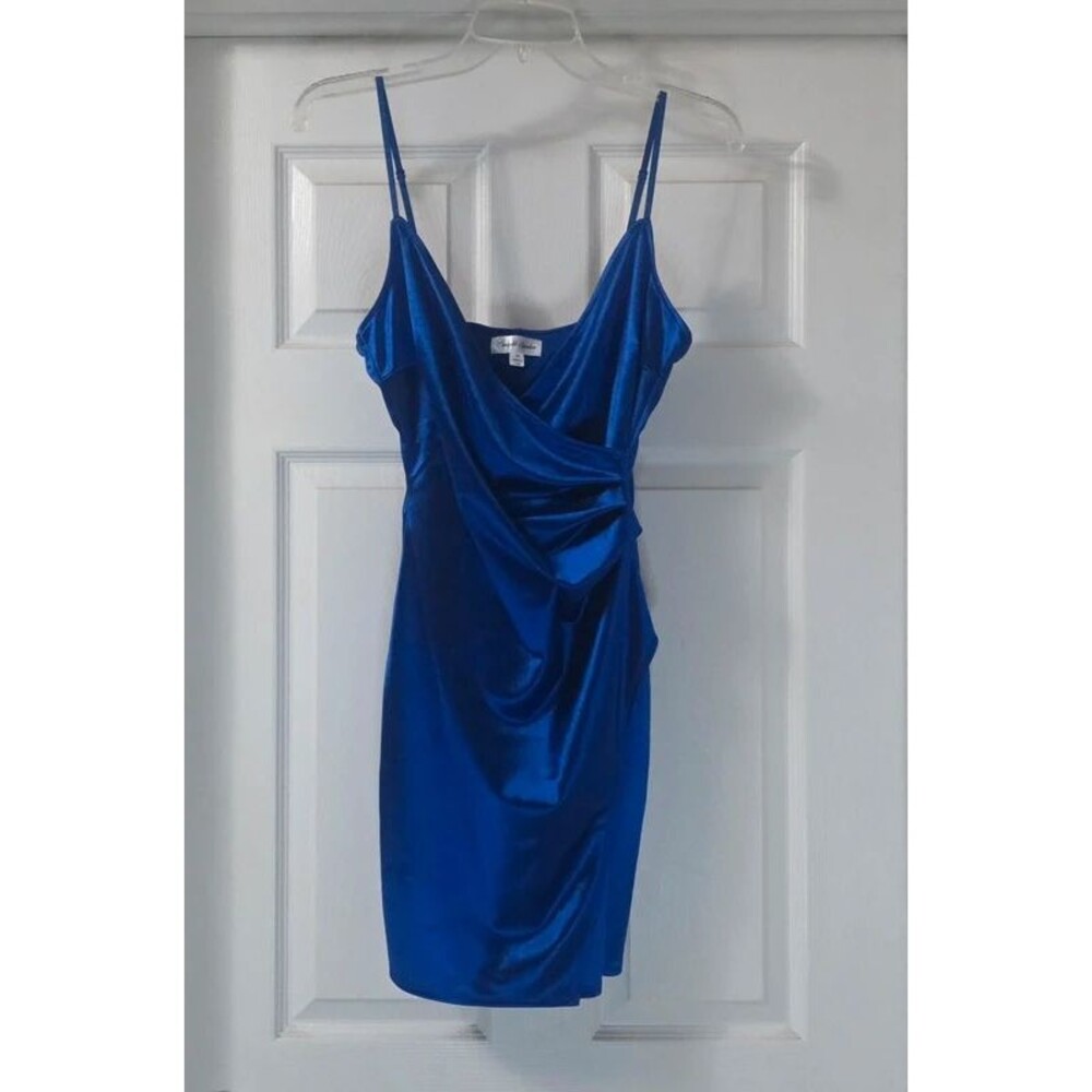 Emerald Sundae Royal Blue Stretch Satin Draped Bodycon Dress Size M